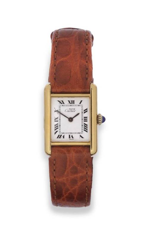 Lot 251 - A Lady's Silver Gilt Rectangular Wristwatch, signed Must de Cartier, model: Tank, circa 1985,...