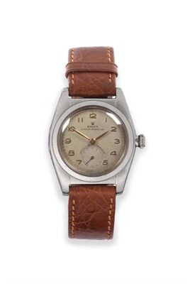 Lot 256 - A Stainless Steel Automatic Bubbleback Wristwatch, signed Rolex, Oyster Perpetual, Officially...