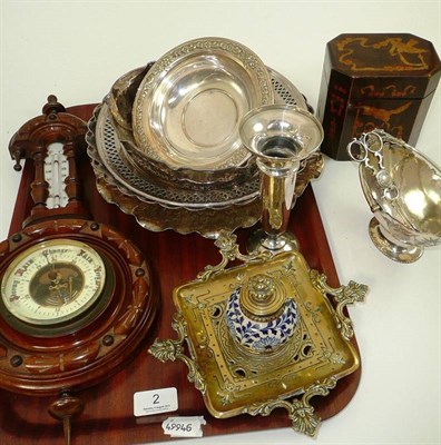 Lot 2 - A silver trumpet vase, a penwork tea caddy, a brass inkstand, an aneroid barometer and a collection