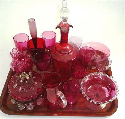 Lot 5 - A tray of Victorian and later cranberry glass including a ewer