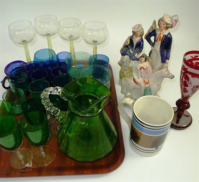 Lot 7 - A tray of Victorian and later green and blue glass, also a Mocha ware mug and two Staffordshire...