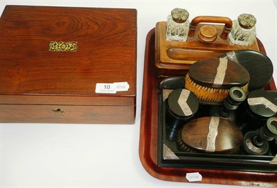 Lot 10 - A Victorian rosewood writing slope, a Victorian walnut inkstand with two inkwells and a ten...