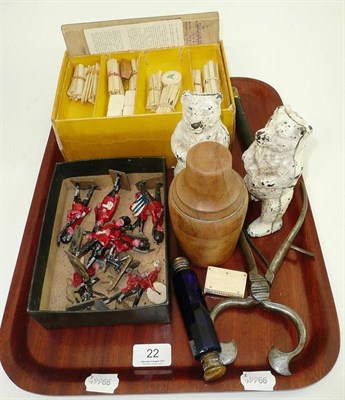 Lot 22 - A mah-jong set, two bear money boxes, lead figures, double deat bottle, sugar cutter, etc