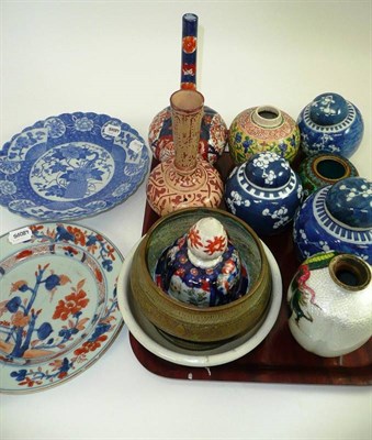 Lot 25 - Tray of Chinese blue and white vases, cloissonne vase (a.f.), Imari dish, Japanese blue and...