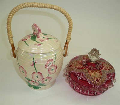 Lot 26 - Victorian cranberry glass bow and cover, Maling biscuit barrel and a modern oil on canvas (3)