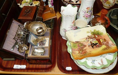 Lot 32 - Two trays including Ainsley vases, 19th century strawberry mug, treen boxes, ceramics,...