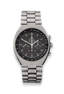 Lot 267 - A Stainless Steel Tonneau Shaped Chronograph Wristwatch, signed Omega, model: Speedmaster...