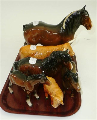 Lot 43 - Beswick including Shire mare and foal, Highland cow and calf and two Shetland ponies (6)