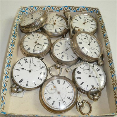 Lot 54 - Four silver open faced pocket watches and five pocket watches with cases stamped 935 and fine...