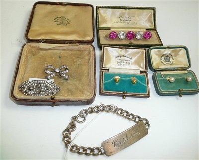 Lot 55 - Two paste brooches, collar studs, a five stone bar brooch, and identity bracelet and two rings