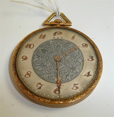 Lot 59 - An open faced pocket watch signed Longines, case stamped '18k'