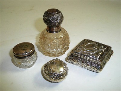 Lot 63 - Silver lozenge shaped box, circular pill box, silver top jar and scent bottle