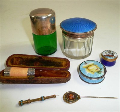 Lot 77 - A silver and enamel topped glass jar, a similar pill box, cheroot holder, fox head brooch,...