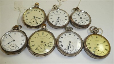 Lot 88 - Seven open faced keyless pocket watches, comprising, three silver pocket watches, and four...