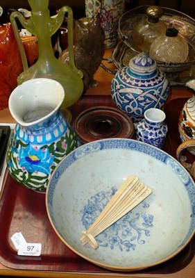 Lot 97 - A tray including Isnic vase and jug, 18th century blue and white bowl, green glass decanter and...