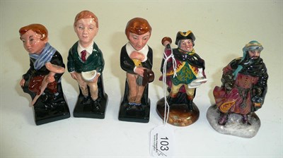 Lot 103 - Five Royal Doulton figures ";David Copperfield";, ";Oliver Twist";, ";Good King Wenceslas";, ";Tiny