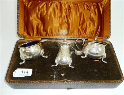 Lot 114 - Silver three piece condiment set, cased