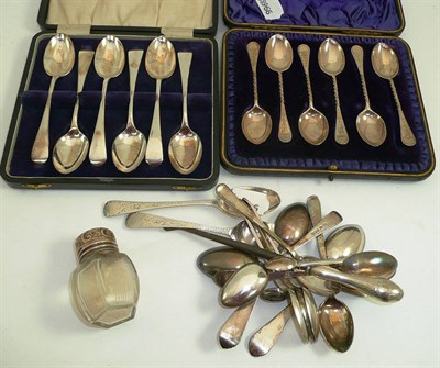 Lot 119 - Three sets of six silver teaspoons, other silver and a silver topped jar