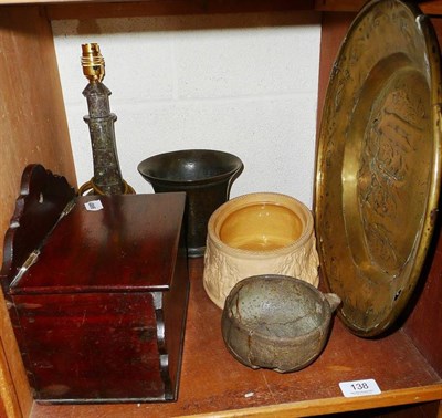 Lot 138 - A shelf of 18th century circular brass dish (a.f.), mahogany salt box, bronze mortar, Wedgwood game