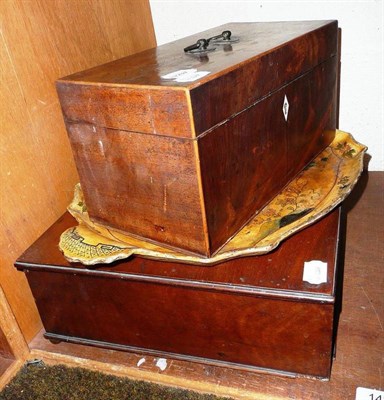 Lot 142 - A George III mahogany tea caddy, an oval twin handled tray and a mahogany box dated 1818