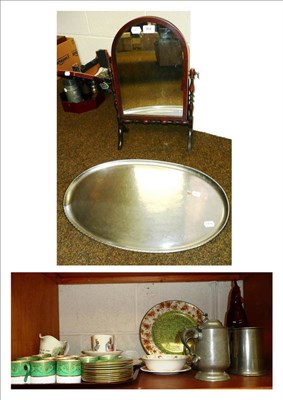 Lot 151 - A shelf including Wedgwood green and gilt coffee set, Wedgwood Peter Rabbit china, pewter tray,...