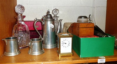 Lot 153 - A Waterford decanter, another decanter, tankards, a carriage clock, plated ware, playing cards etc.