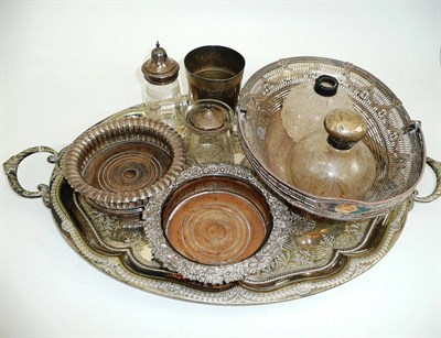 Lot 159 - Silver plated tray, pair of bottle coasters, Elkington and Co, tumbler, silver top scent...