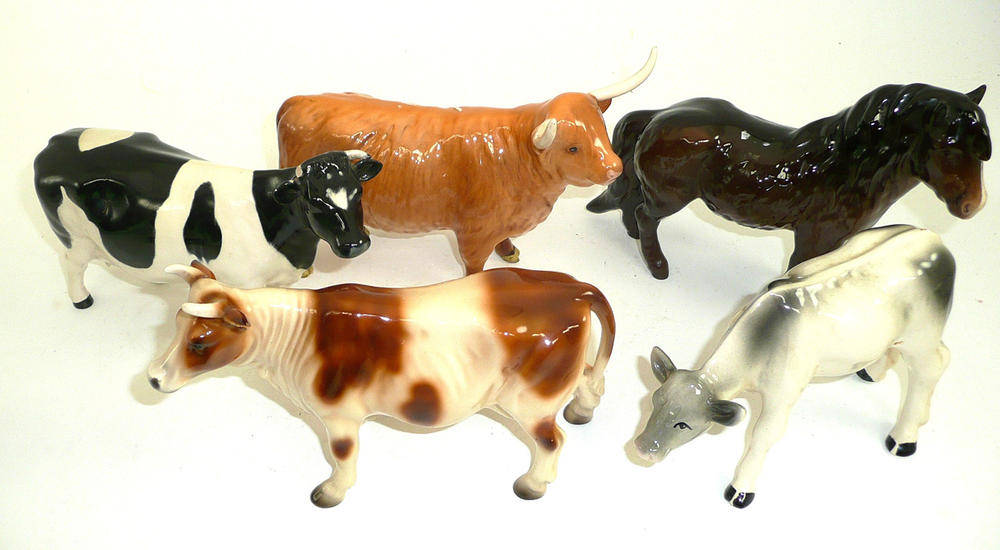 Lot 161 - Beswick Highland cow, Shetland pony, Friesian cow, Melba ware calf and another pottery cow