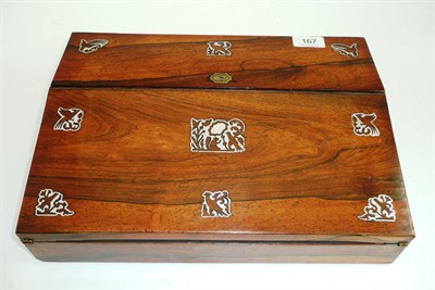 Lot 167 - A rosewood and mother of pearl inlaid writing slope, with key