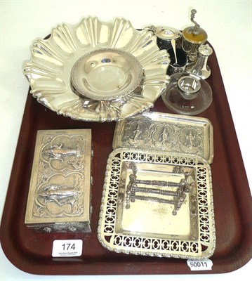 Lot 174 - A silver mustard and salt, Indian silver dish and casket, assorted silver and silver plate etc