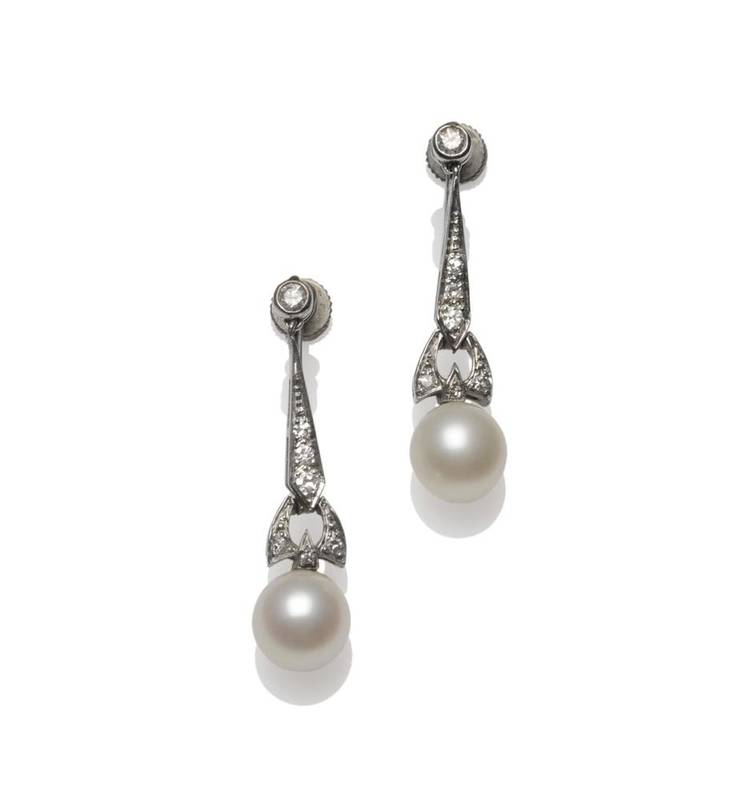 Lot 281 - A Pair of Cultured Pearl and Diamond Earrings, circa 1930, the diamond set tapered drops...