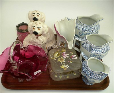 Lot 182 - A cranberry glass basket, a pair of Staffordshire dogs, meat plates etc