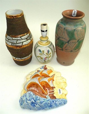 Lot 184 - A Royal Lancastrian vase (with drilled hole), Beswick ship plaque, Denby lamp and another vase