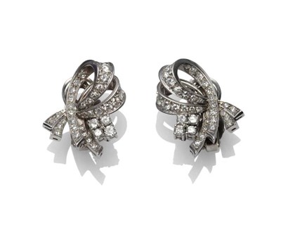 Lot 282 - A Pair of Art Deco Style Diamond Earrings, of stylised bow form, set with round brilliant cut...