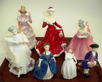 Lot 195 - Royal Doulton figures 'Sharon' HN3603; 'August' HN3165; 'Wintertime' HN4825; 'Elaine' HN3307...