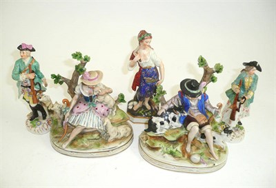 Lot 199 - A pair of Sitzendorf china figure groups, pair of Continental figures and a Derby figure of a...