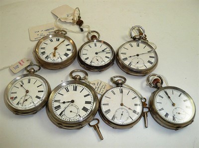 Lot 202 - Seven open faced pocket watches with cases stamped 0.800, 925, 935 and fine silver