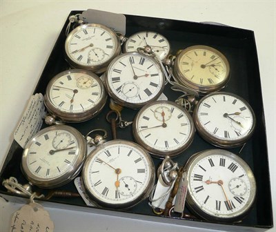 Lot 203 - Eight silver open faced pocket watches and two other pocket watches stamped fine silver and 935...