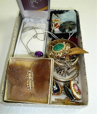 Lot 226 - An amethyst pendant, an amber type bracelet, two silver bangles, a charm bracelet and assorted...