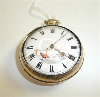 Lot 229 - A silver pair cased pocket watch, dial depicting two cockerels fighting