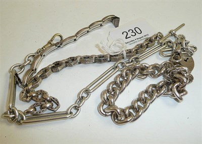 Lot 230 - A silver curb and lock bracelet, a trombone link chain, a watch bracelet and another