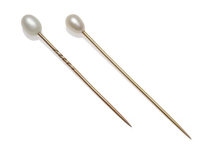 Lot 287 - Two Pearl Stick Pins, the first oval shaped, on a pin with mid-way twist, the second drop...
