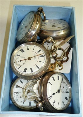 Lot 250 - Six silver open faced pocket watches, comprising three Birmingham hallmark cases, two Chester...