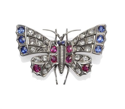 Lot 291 - An Early 20th Century Diamond, Ruby and Sapphire Butterfly Brooch, the butterfly inset with old cut