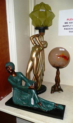 Lot 283 - An Art Deco plated lamp (a.f.), a reproduction Art Deco lamp of a bather girl and a composition...