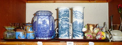 Lot 285 - Shelf and a box of assorted ceramics, vaseline glass, commemorative china, Rington's tea caddy,...