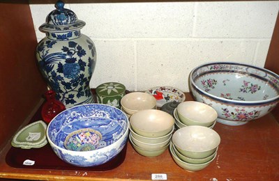 Lot 288 - Shelf including blue and white vase and cover, Sampson armorial bowl (a.f.) provincial tea...