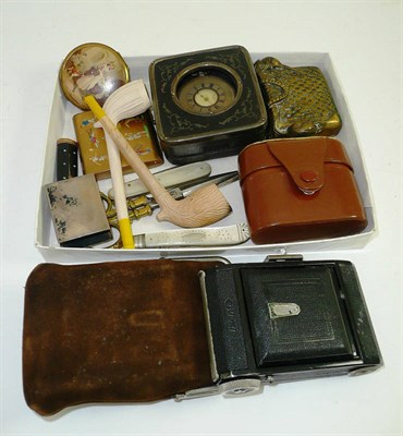 Lot 293 - A box including camera, two clay pipes, two mother of pearl penknives, cigarette case, silver...