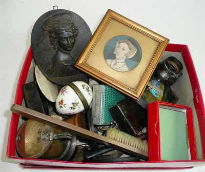 Lot 300 - A box of collectables including a silver mustard, snuff box, knife rests, scent bottles, treen,...