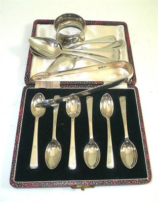 Lot 302 - Six silver teaspoons cased, sugar nips, six teaspoons and a napkin ring